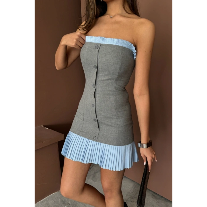 STRAPLEZ POLVİSKON ELBİSE MAVİ FIRFIR DETAYLI - Gri