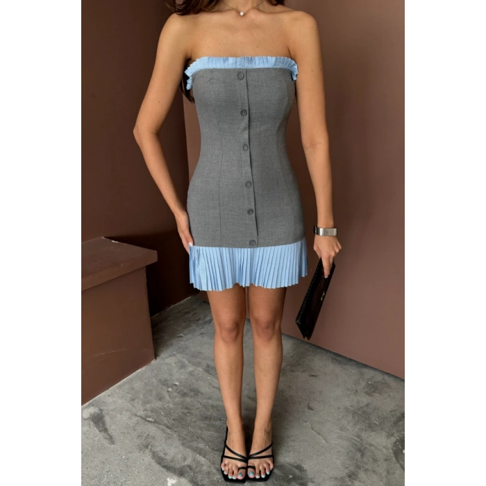 STRAPLEZ POLVİSKON ELBİSE MAVİ FIRFIR DETAYLI - Gri