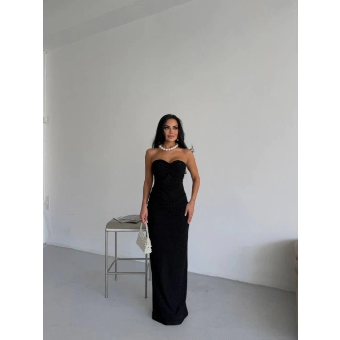 Straplez Simli Uzun Elbise