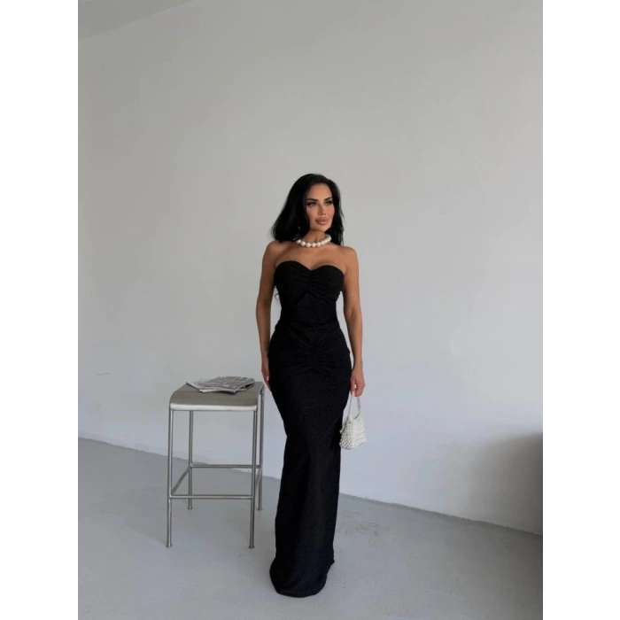 Straplez Simli Uzun Elbise