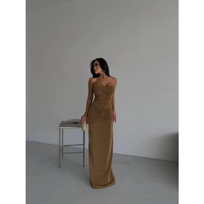 Straplez Simli Uzun Elbise