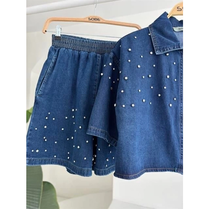 Taş Detaylı Gömlek Şort Denim Takım 10175