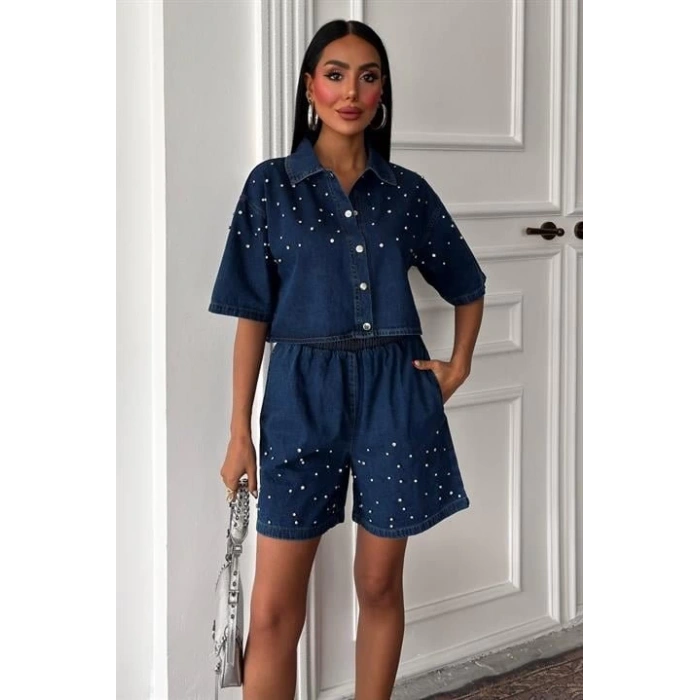 Taş Detaylı Gömlek Şort Denim Takım 10175