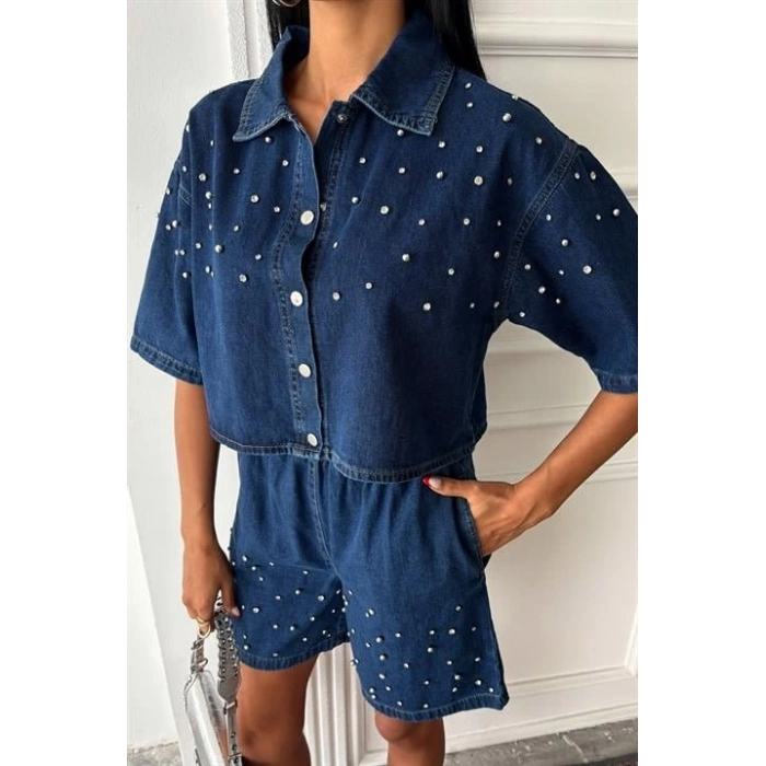 Taş Detaylı Gömlek Şort Denim Takım 10175
