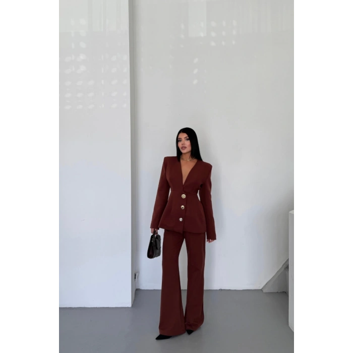 TASARIM CEKET-PANTOLON TAKIM METAL DÜĞME DETAYLI - Kahverengi