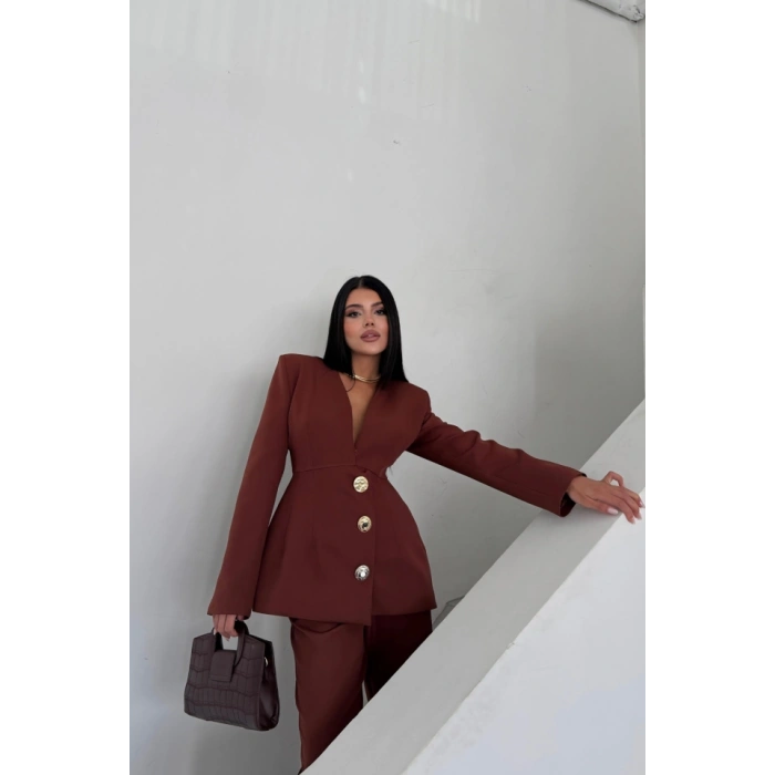 TASARIM CEKET-PANTOLON TAKIM METAL DÜĞME DETAYLI - Kahverengi