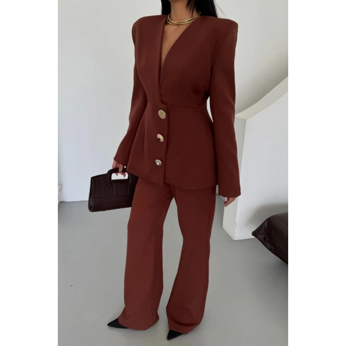 TASARIM CEKET-PANTOLON TAKIM METAL DÜĞME DETAYLI - Kahverengi