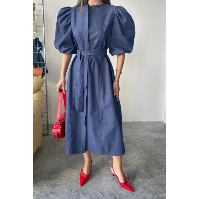 TENCEL KARPUZ KOL ELBİSE - İndigo