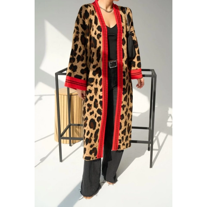 Uzun Leopar Hırka - Camel-Kırmızı