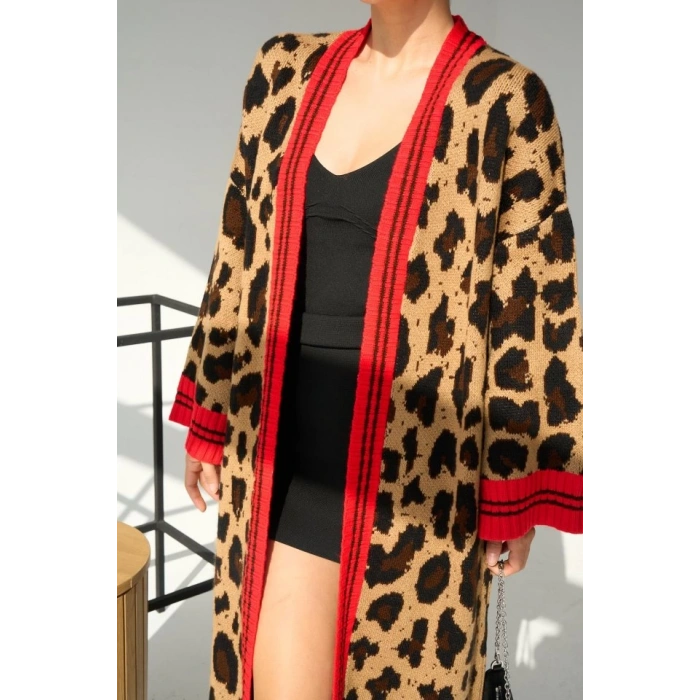 Uzun Leopar Hırka - Camel-Kırmızı