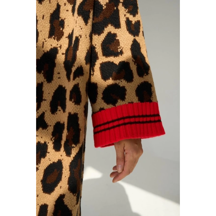 Uzun Leopar Hırka - Camel-Kırmızı