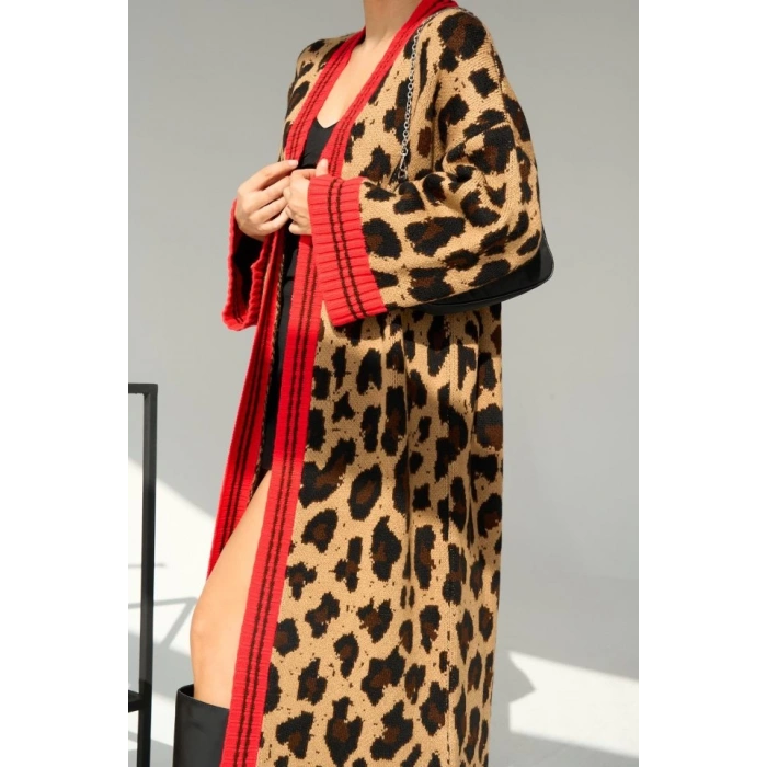 Uzun Leopar Hırka - Camel-Kırmızı