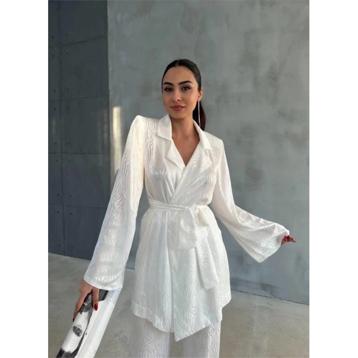 VİSKON JAKARLI BAĞLAMALI GÖMLEK - PANTOLON TAKIM - Beyaz