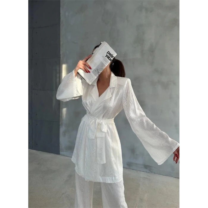 VİSKON JAKARLI BAĞLAMALI GÖMLEK - PANTOLON TAKIM - Beyaz