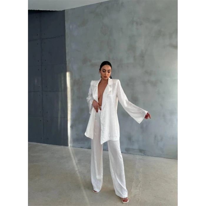 VİSKON JAKARLI BAĞLAMALI GÖMLEK - PANTOLON TAKIM - Beyaz