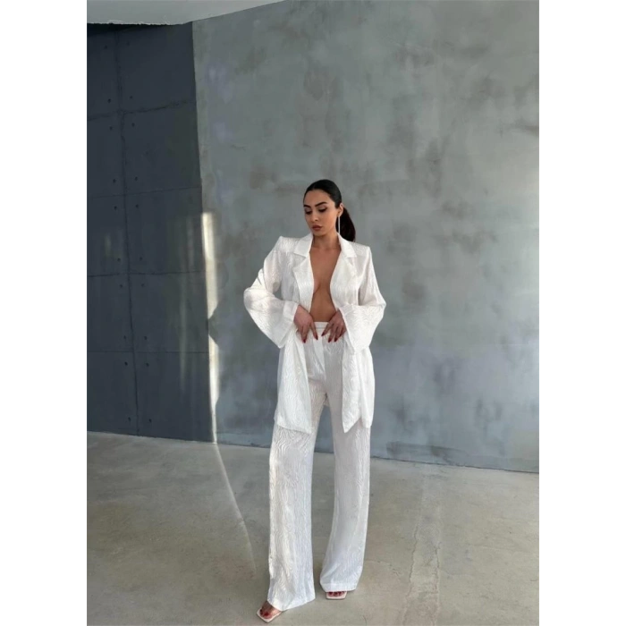 VİSKON JAKARLI BAĞLAMALI GÖMLEK - PANTOLON TAKIM - Beyaz