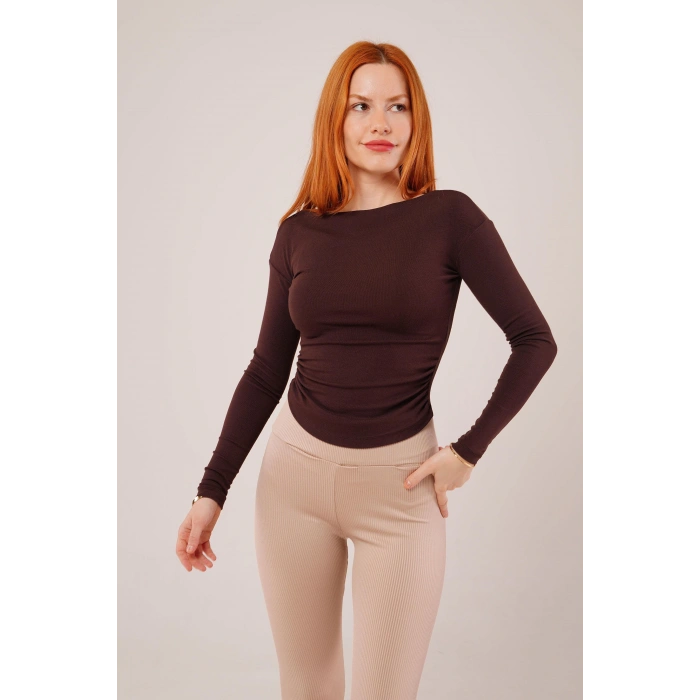 Yaka Detay Uzun Kollu Basic Kahverengi Bluz