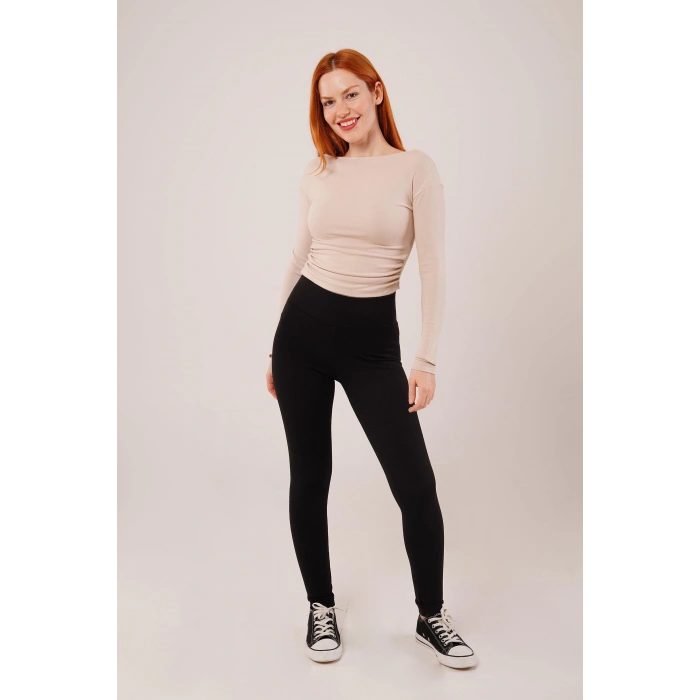 Yaka Detay Uzun Kollu Basic Krem Bluz