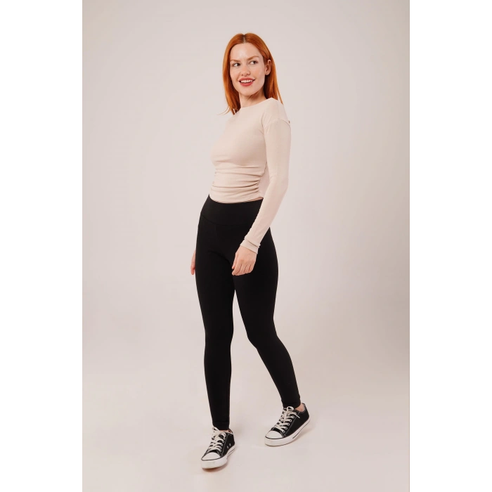 Yaka Detay Uzun Kollu Basic Krem Bluz