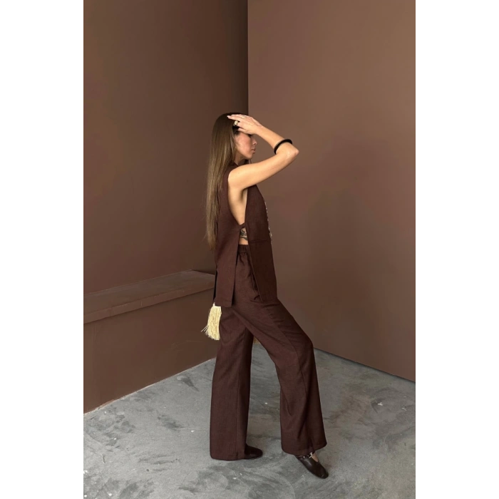 YAKA MİDYE KABUĞU SIRALI YELEK - PANTOLON  TAKIM KETEN KUMAŞ - Kahverengi