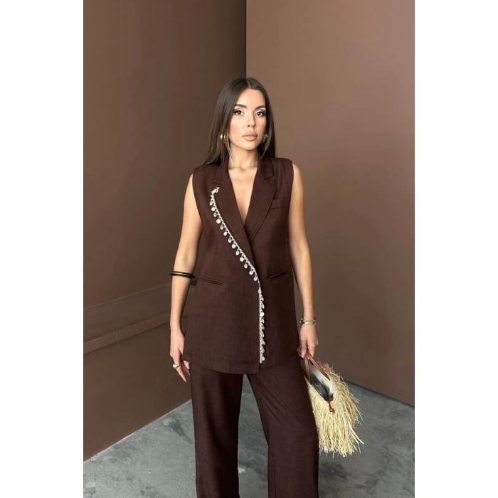 YAKA MİDYE KABUĞU SIRALI YELEK - PANTOLON  TAKIM KETEN KUMAŞ - Kahverengi