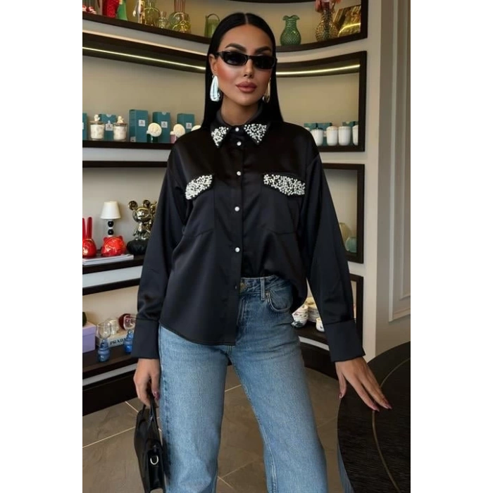 Yaka Ve Cep İnci Taşlı Saten Gömlek 3423