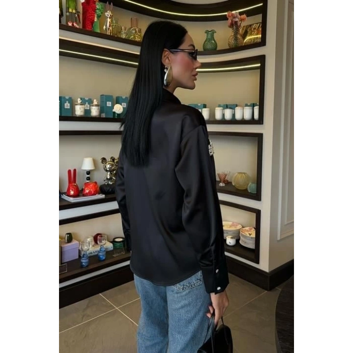 Yaka Ve Cep İnci Taşlı Saten Gömlek 3423