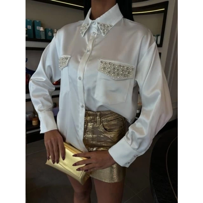 Yaka Ve Cep İnci Taşlı Saten Gömlek 3423