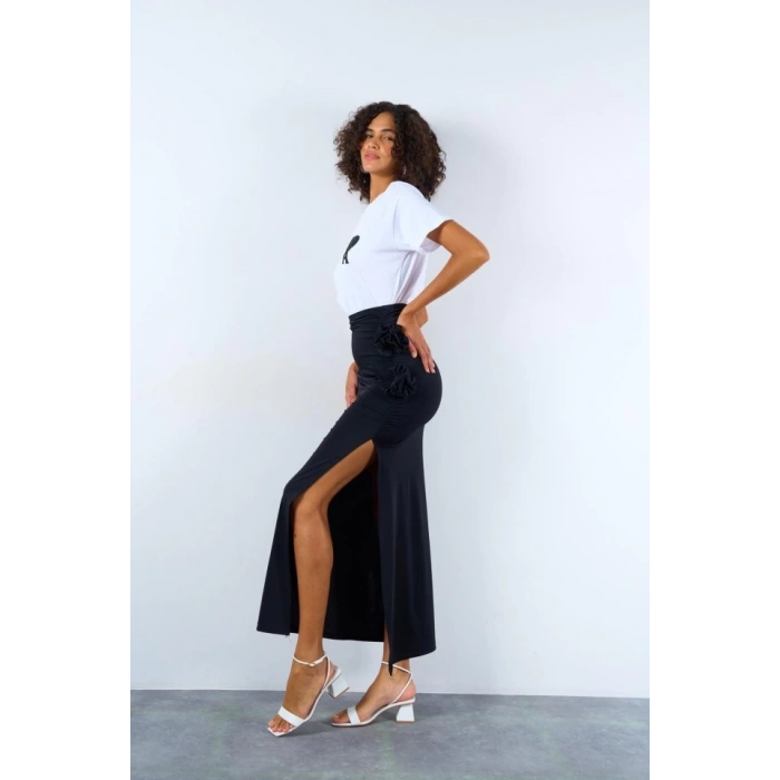 Yandan Büzgülü Güllü Etek - Siyah