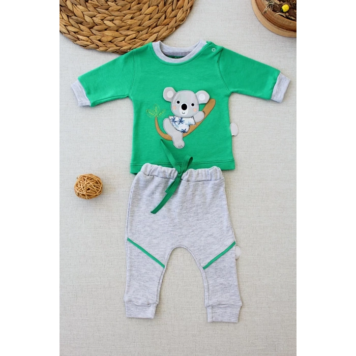 Yavru Koala Nakışlı Uzun Kollu Sweat 2li Kız Erkek Bebek Takımı Yeşil