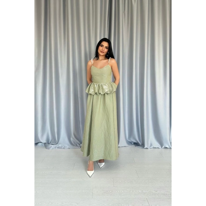 Yeşil Beli Büzgülü İnci Askılı Uzun Elbise