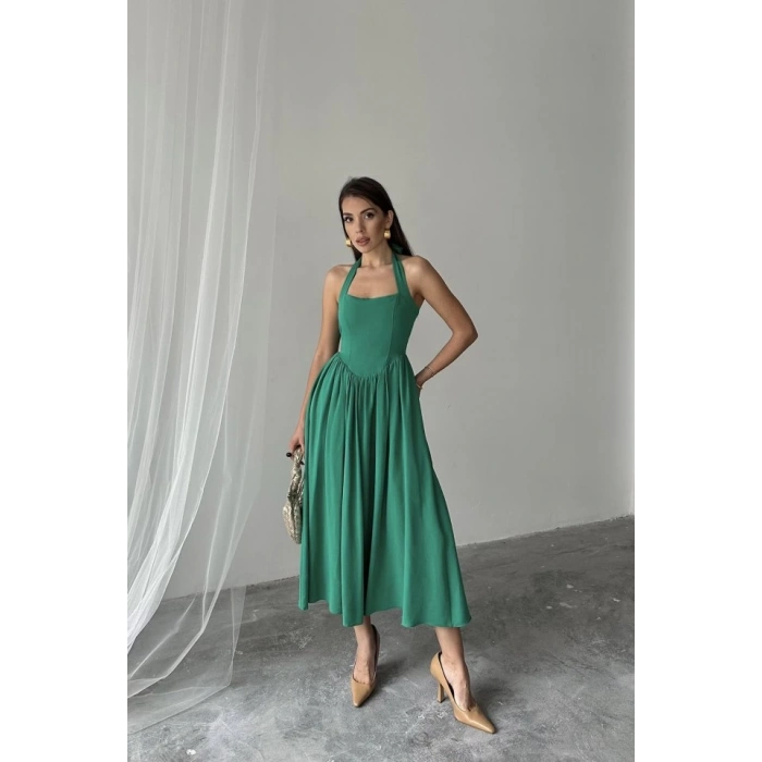 Yeşil Boyundan Bağlamalı Keten Elbise