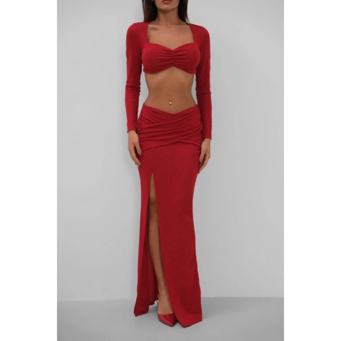 Yırtmaçlı Etek Ve Crop Bluz Takım