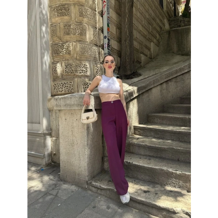 Yüksek Bel Palazzo Metal DüğmePantolon