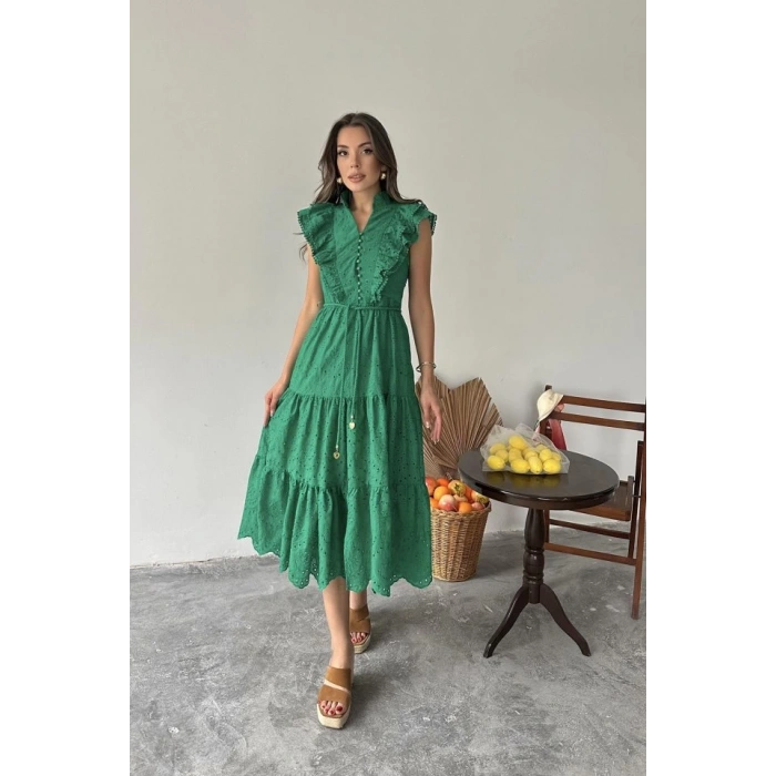 Zümrüt Fırfırlı Düğmeli Elbise
