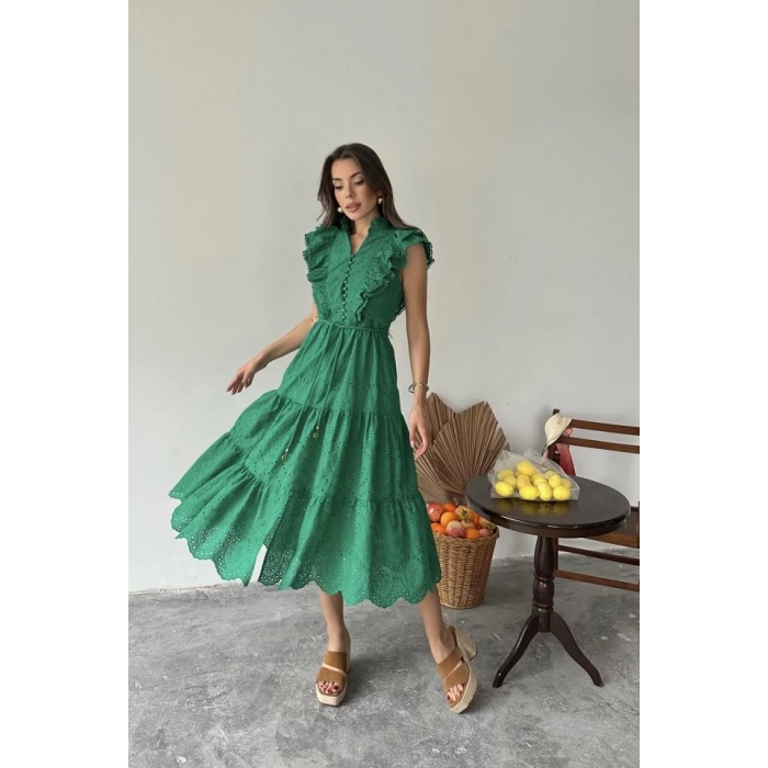 Zümrüt Fırfırlı Düğmeli Elbise