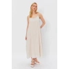 Askılı Uzun Çan Elbise - Natür