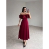 Bordo Omuz Büzgülü Saten Elbise