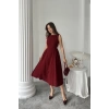 Bordo Yanları Büzgülü Midi Boy Keten Elbise