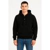 Erkek Ovarsize Kapüşonlu Swetshirt Kanguru Çepli Cıtcıtlı 3 Iplik Şardonlu Hoodie - Siyah