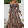 Kadın Düşük Omuzlu Beli Büzgülü Dijital Desenli Kesik Elyaf Süprem Uzun Elbise