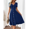 Kadın Kısa Kollu V Yakalı önden Düğmeli A Kesim Dokuma Elbise