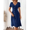 Kadın Kısa Kollu V Yakalı önden Düğmeli A Kesim Dokuma Elbise