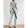 Kadın Uzun Kollu Bisiklet Yaka Asimetrik Kesim Bluz şardonlu Kaşkorse Bluz Ve Pantolon Ikili Takım