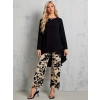 Kadın Uzun Kollu Bisiklet Yaka Asimetrik Kesim Detaylı Viskon Bluz Ve çiçek Desenli Iki Iplik Pantolon
