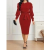 Kadın Uzun Kollu Bisiklet Yaka Beli Kuşaklı Ithal Krep Midi Elbise
