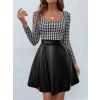 Kadın Uzun Kollu Kare Yakalı üst şardonlu Dalgıç Alt Deri Kısa Elbise