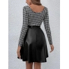 Kadın Uzun Kollu Kare Yakalı üst şardonlu Dalgıç Alt Deri Kısa Elbise