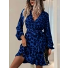 Kadın Uzun Kollu Kruvaze Yaka Belden Kuşaklı çapraz Kesim Detaylı Leopar Modal Mini Elbise