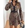 Kadın Uzun Kollu V Dantel Yakalı Leopar Desenli Modal Mini Elbise